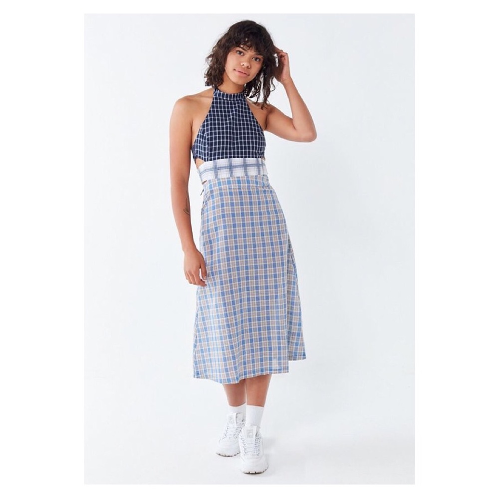 UO Mixed Plaid Halter Midi Dress